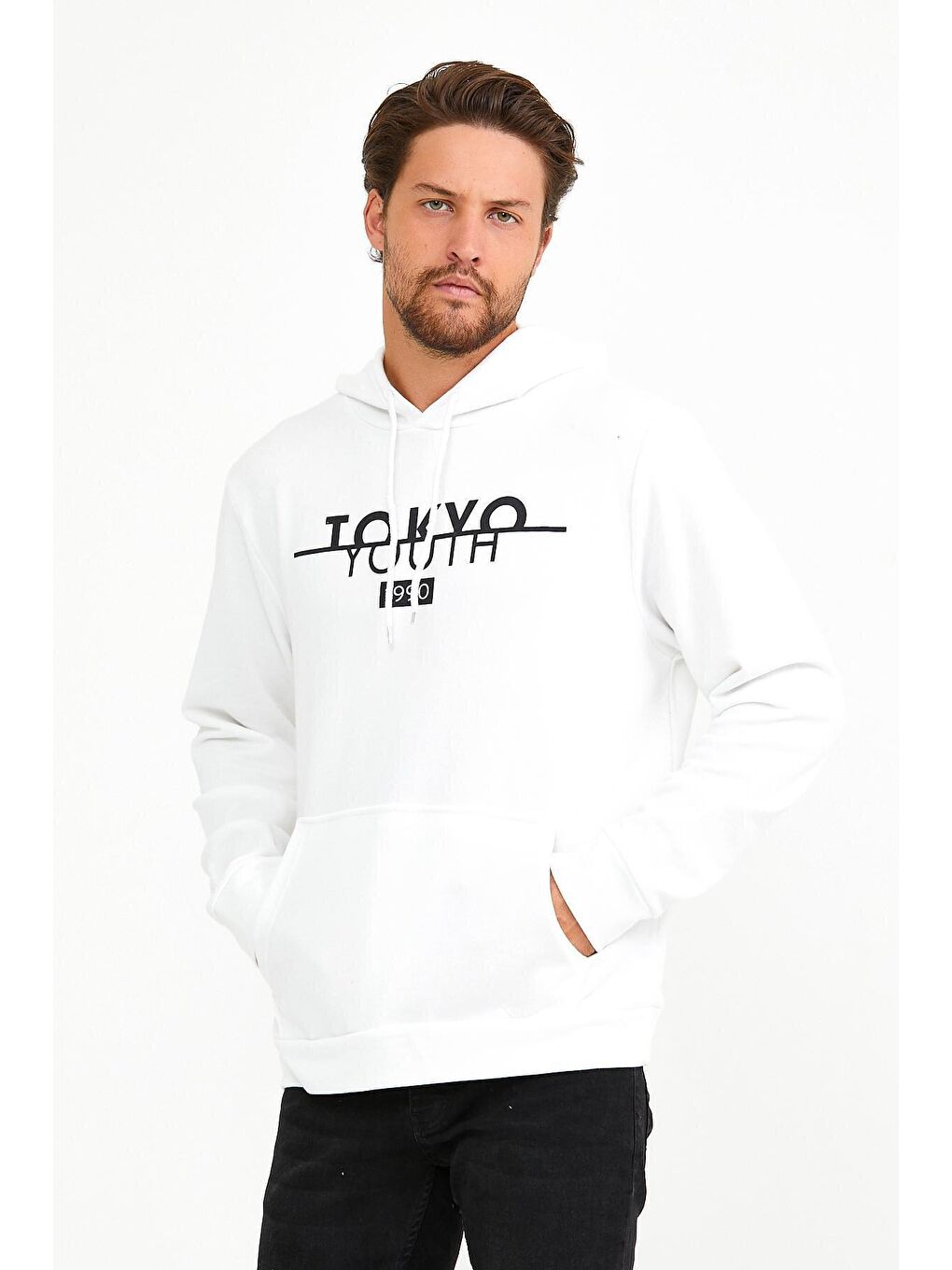 Süperlife Ekru Erkek Kapşonlu Regular Fit Tokyo Baskılı İnce Sweatshirt SPR22SW164 - 1