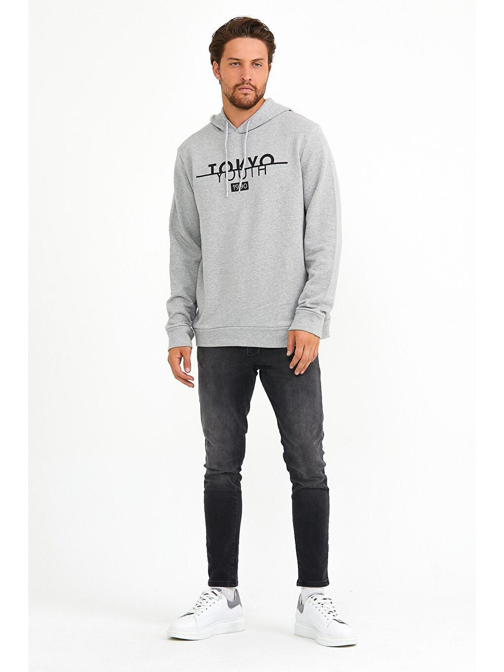 Süperlife Açık Gri Erkek Kapşonlu Regular Fit Tokyo Baskılı İnce Sweatshirt SPR22SW164