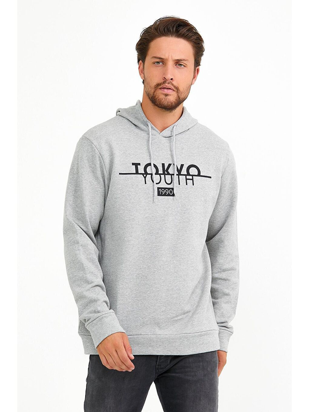 Süperlife Açık Gri Erkek Kapşonlu Regular Fit Tokyo Baskılı İnce Sweatshirt SPR22SW164 - 1