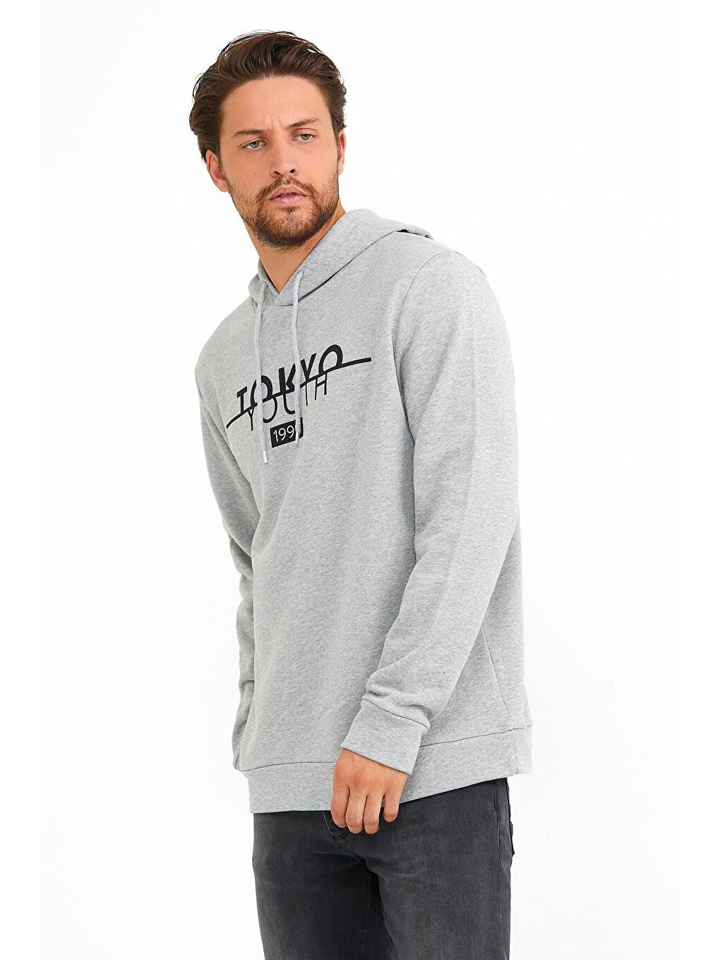 Süperlife Açık Gri Erkek Kapşonlu Regular Fit Tokyo Baskılı İnce Sweatshirt SPR22SW164 - 2