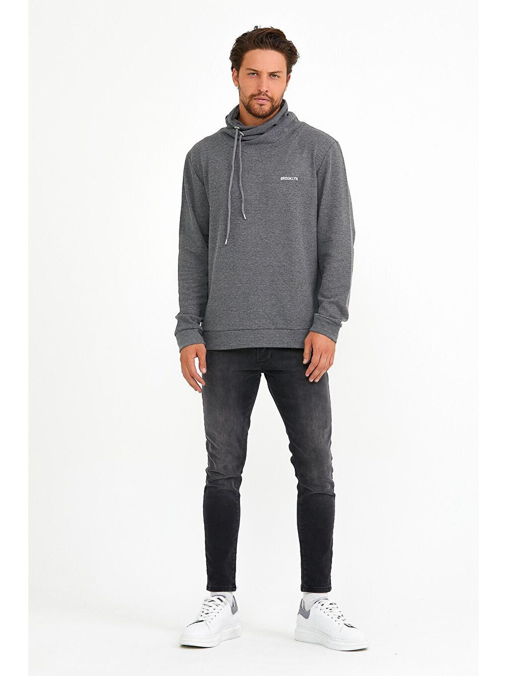 Gri Erkek Şal Yaka Regular Fit Brooklyn Baskılı İnce Sweatshirt SPR22SW143