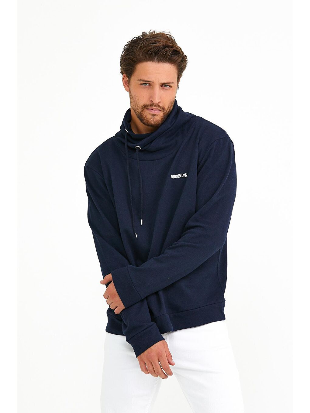 Lacivert Erkek Şal Yaka Regular Fit Brooklyn Baskılı İnce Sweatshirt SPR22SW143-1
