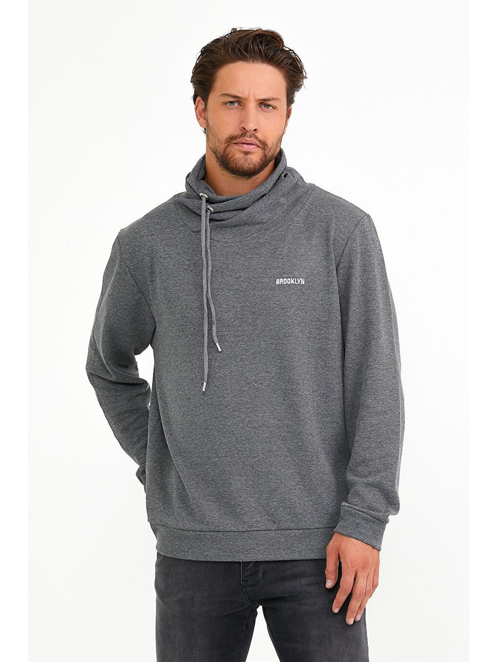 Gri Erkek Şal Yaka Regular Fit Brooklyn Baskılı İnce Sweatshirt SPR22SW143-4