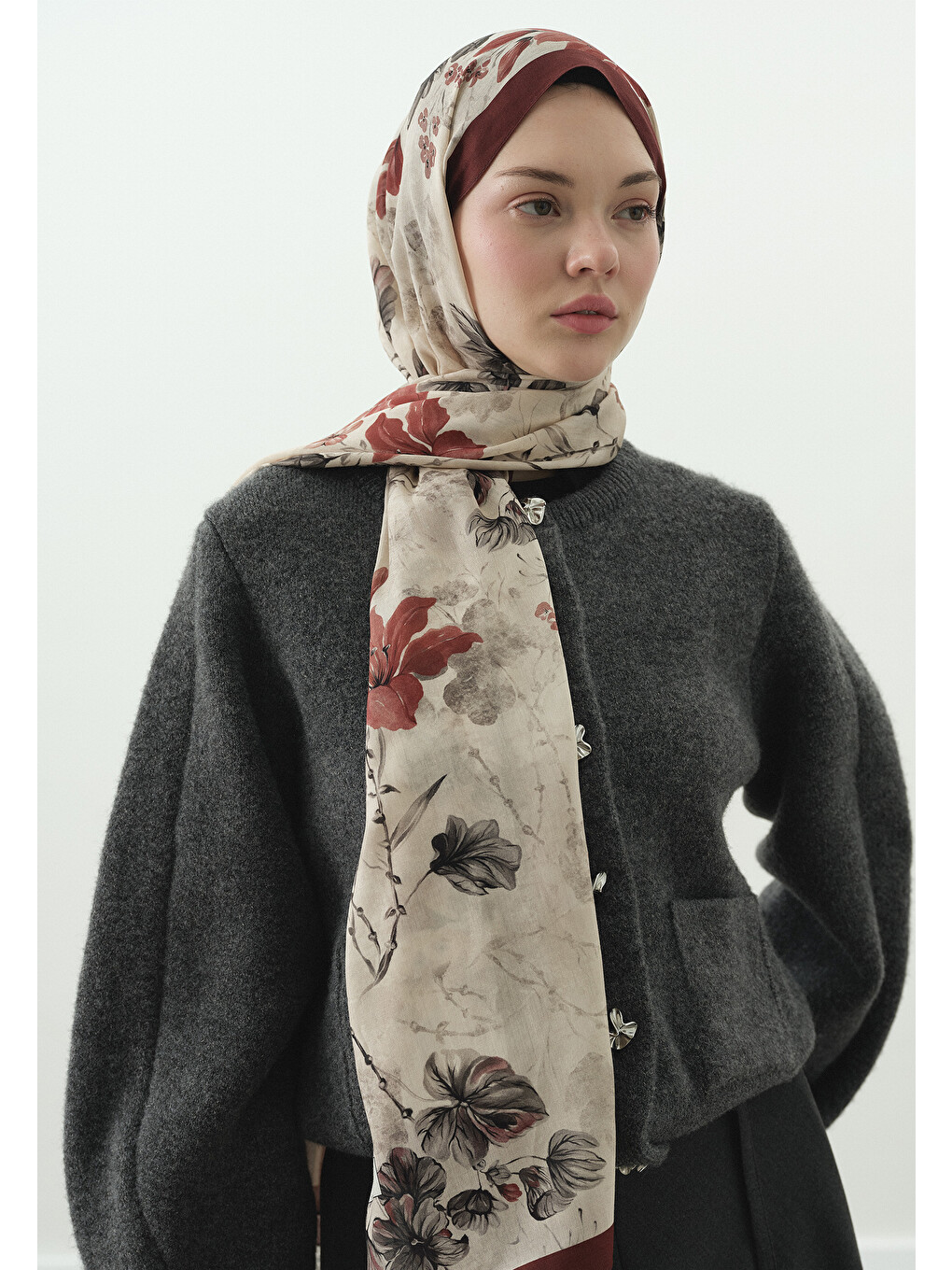 Fall Breeze Desenli Pamuk Viskon Şal Kırmızı-1