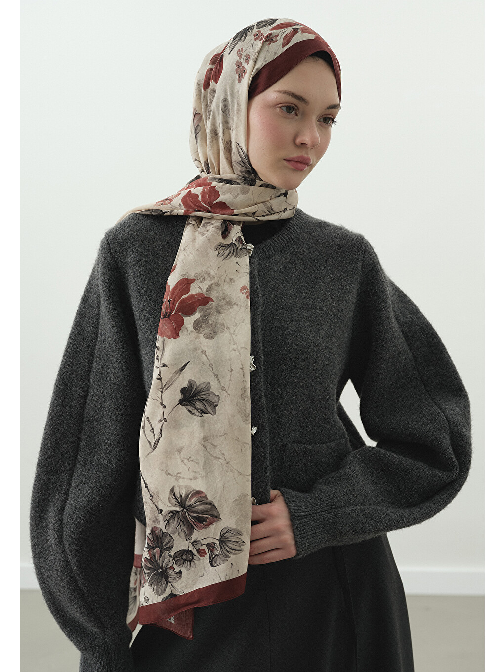 Fall Breeze Desenli Pamuk Viskon Şal Kırmızı-2