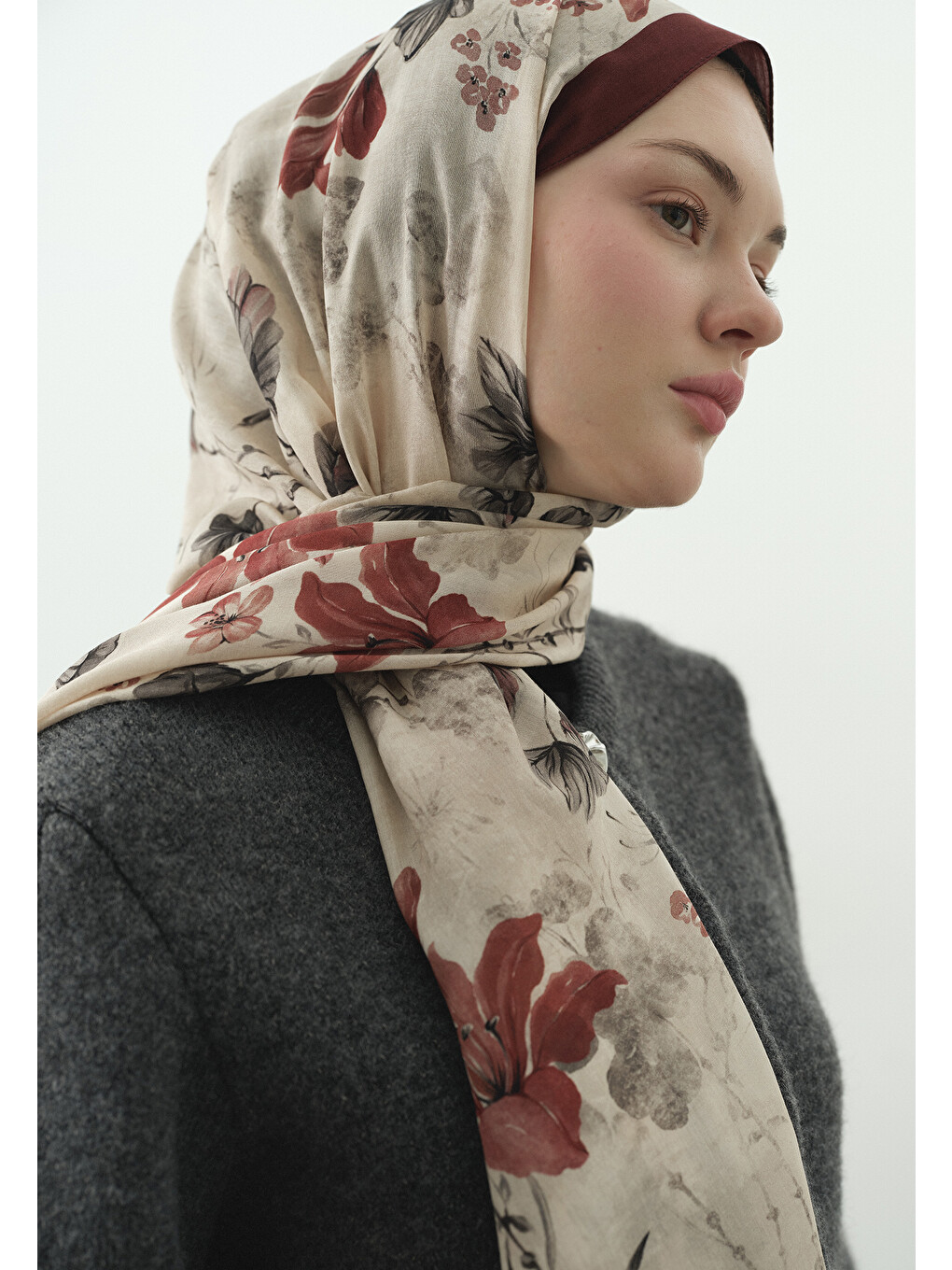 Fall Breeze Desenli Pamuk Viskon Şal Kırmızı-3