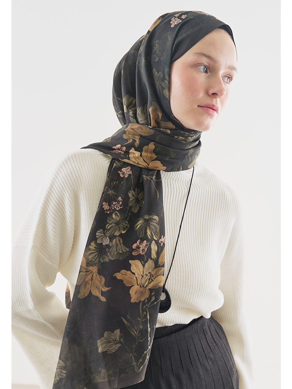 Kahverengi Fall Breeze Desenli Pamuk Viskon Şal Kahve-2