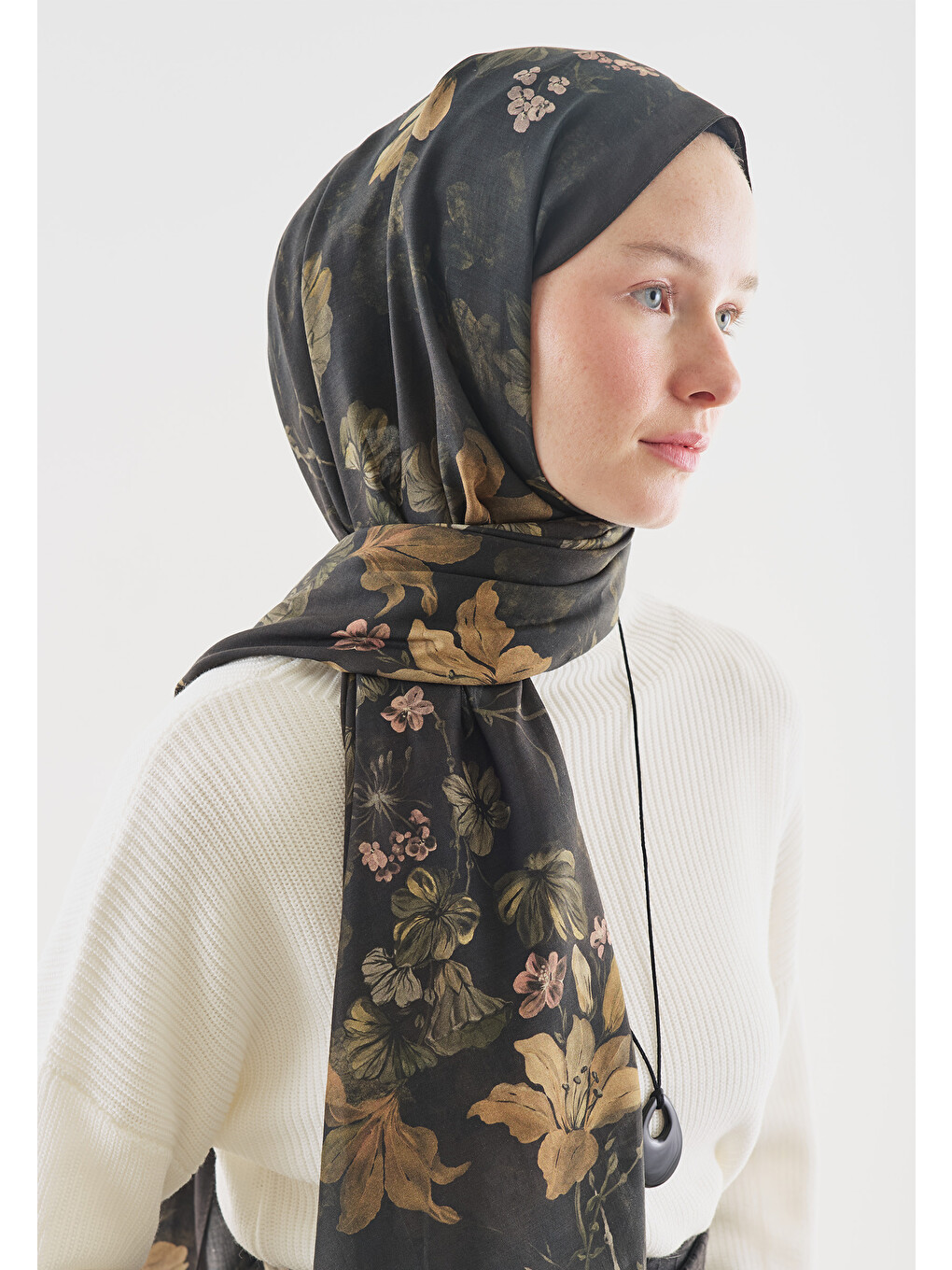Kahverengi Fall Breeze Desenli Pamuk Viskon Şal Kahve-3