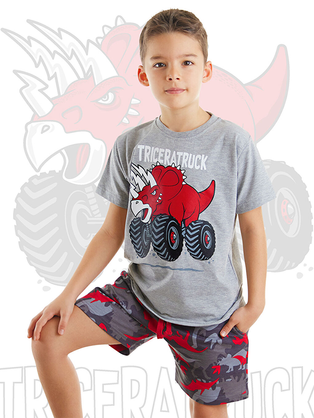 Gri Triceratruck Erkek Çocuk Tişört  Şort Takım-1