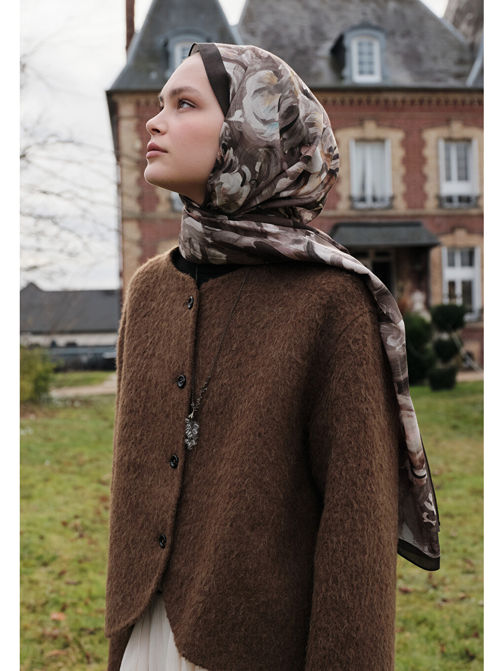 Kahverengi Sweet Vanılla Desenli Pamuk Viskon Şal Kahve-3