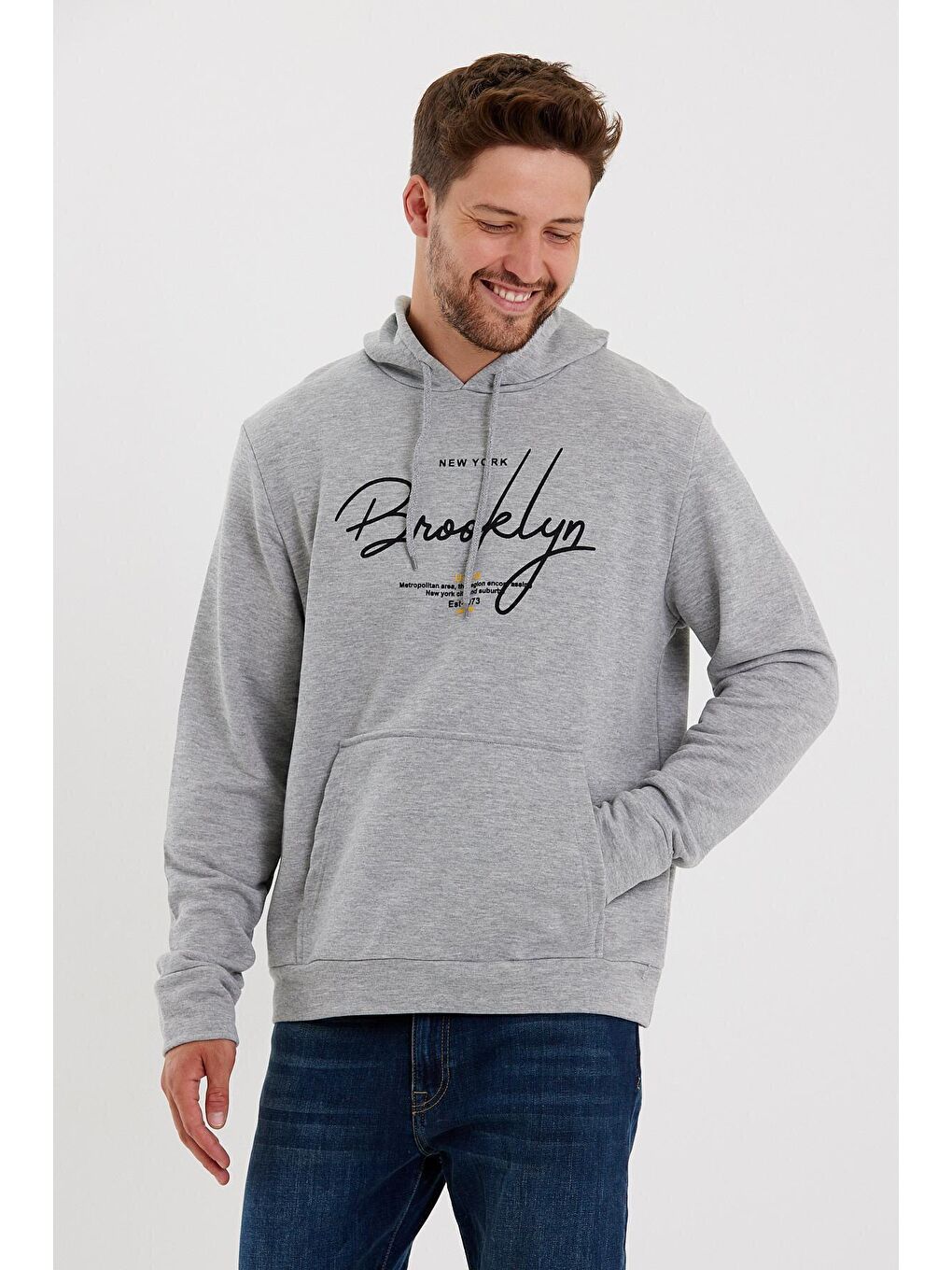 Süperlife Açık Gri Erkek Kapüşonlu Oversize Fit Brooklyn Baskılı İnce Sweatshirt SPR23SW361 - 2