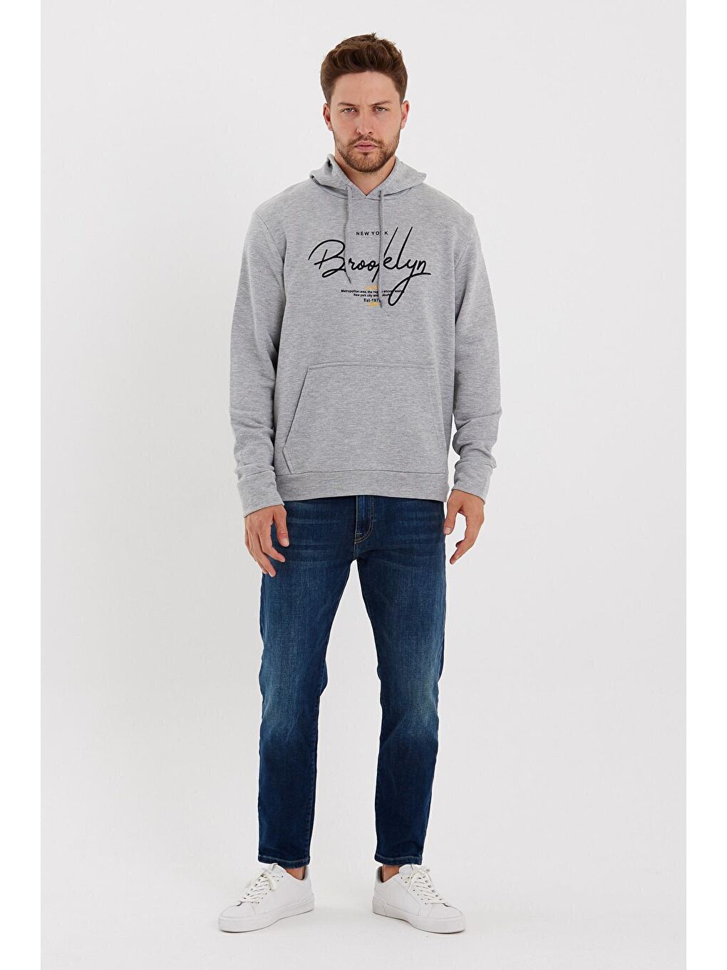 Süperlife Açık Gri Erkek Kapüşonlu Oversize Fit Brooklyn Baskılı İnce Sweatshirt SPR23SW361 - 3