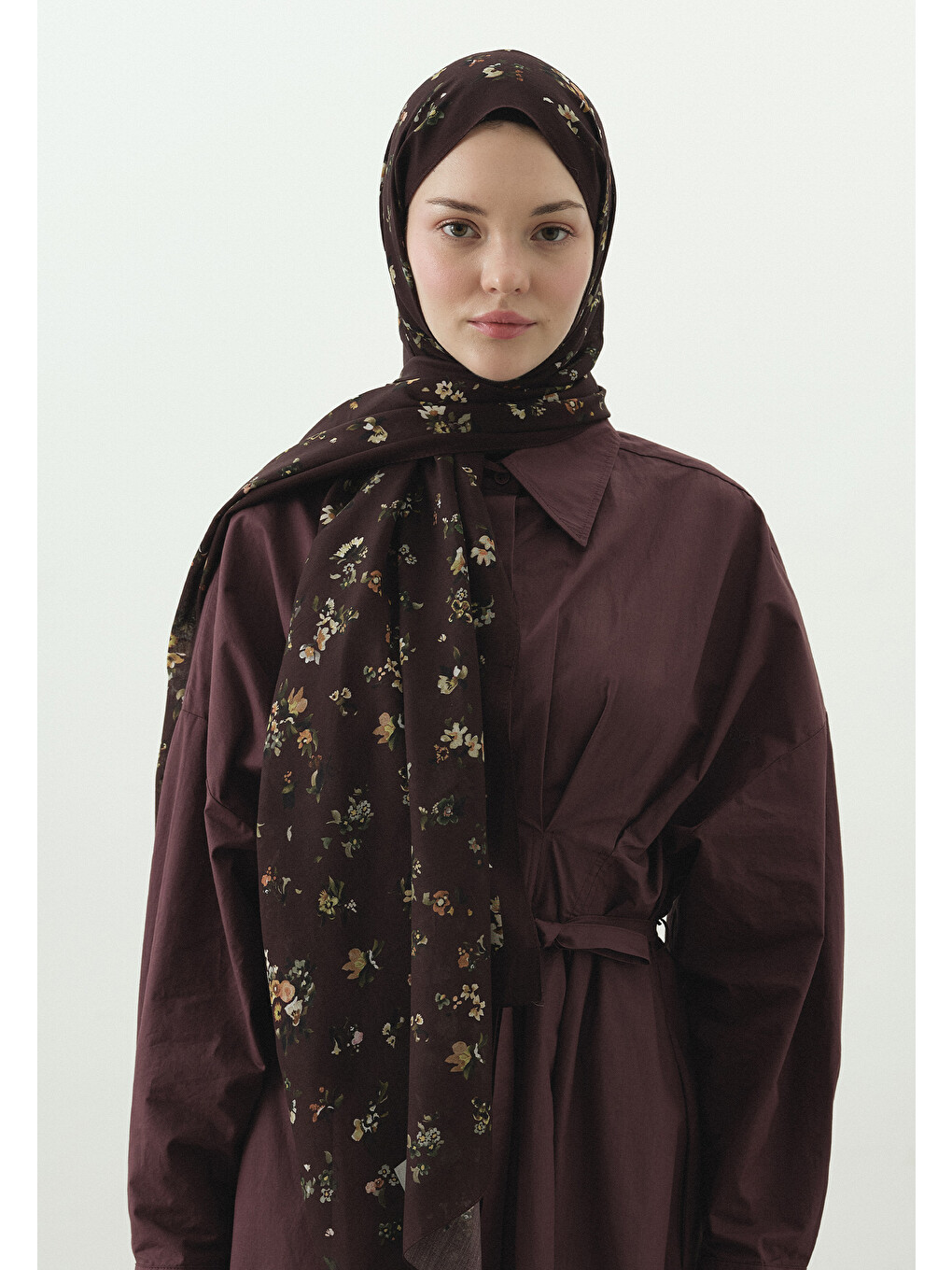 Tıny Blooms Desenli Pamuk Viskon Şal Bordo-4