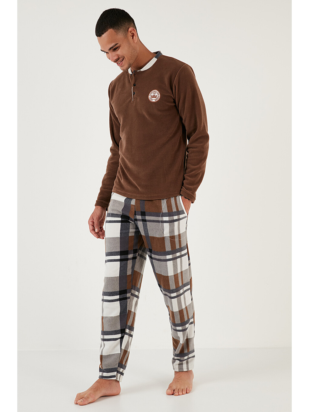 Sarı Regular Fit Bisiklet Yaka Kışlık Yumuşak Dokulu Polar Pijama Takımı 6096100-1
