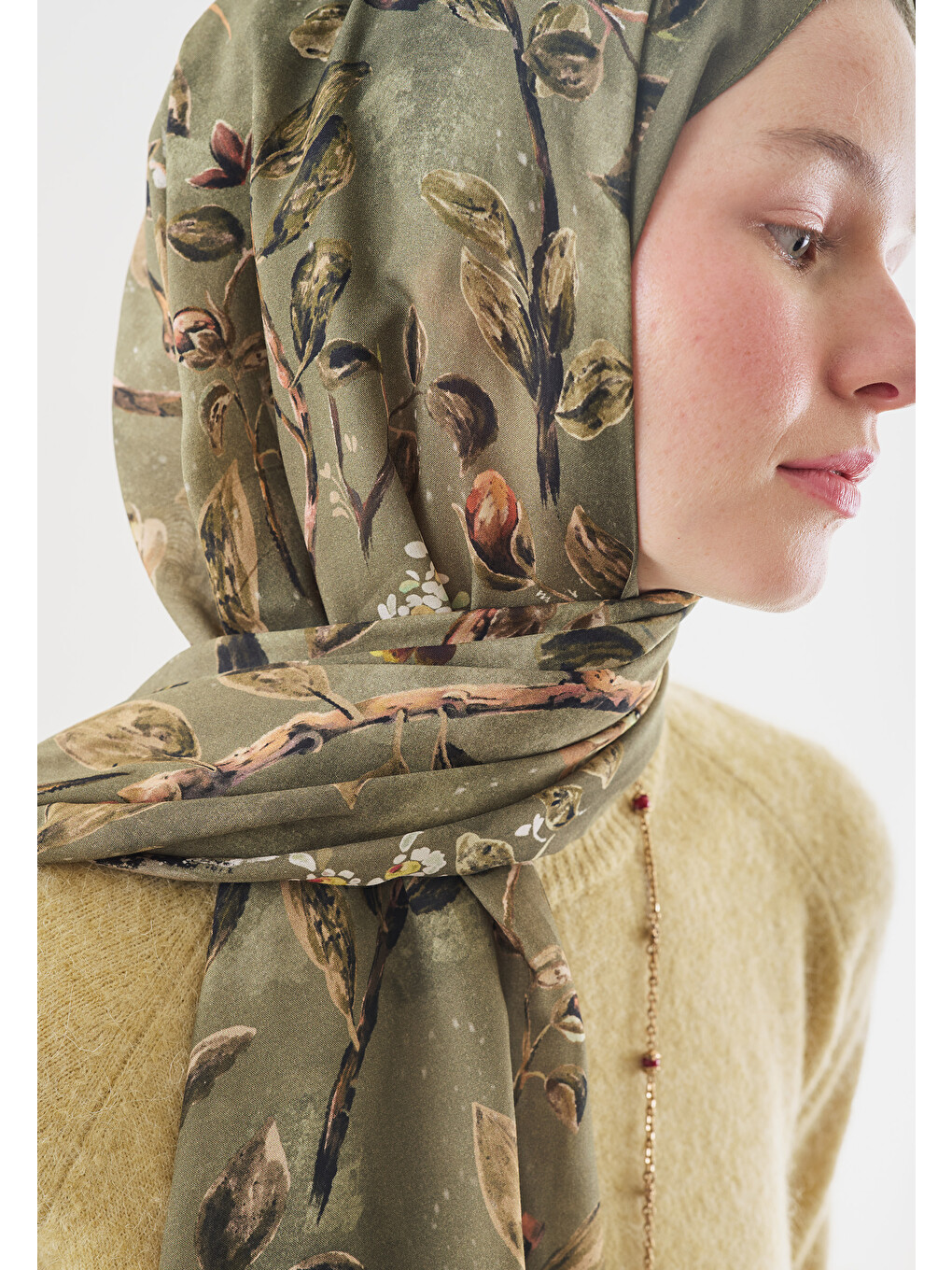 Yeşil Flower Rain Desenli Pamuk Viskon Şal Çağla-3