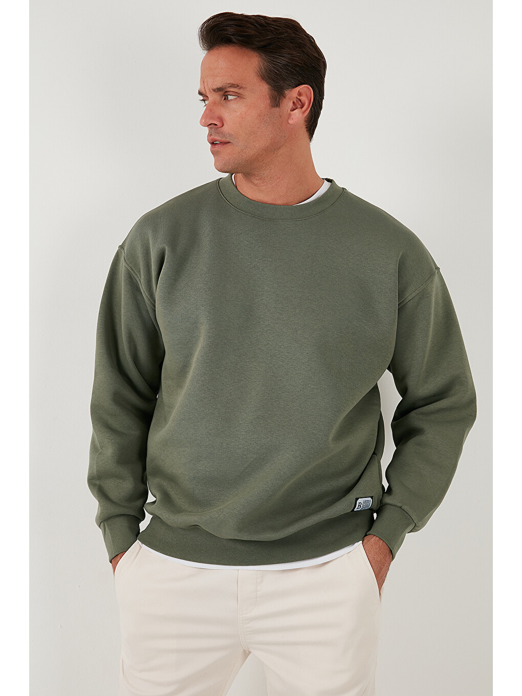 Haki Regular Fit Bisiklet Yaka Pamuklu İçi Tüylü Yumuşak Şardonlu Sweat 5905255-5