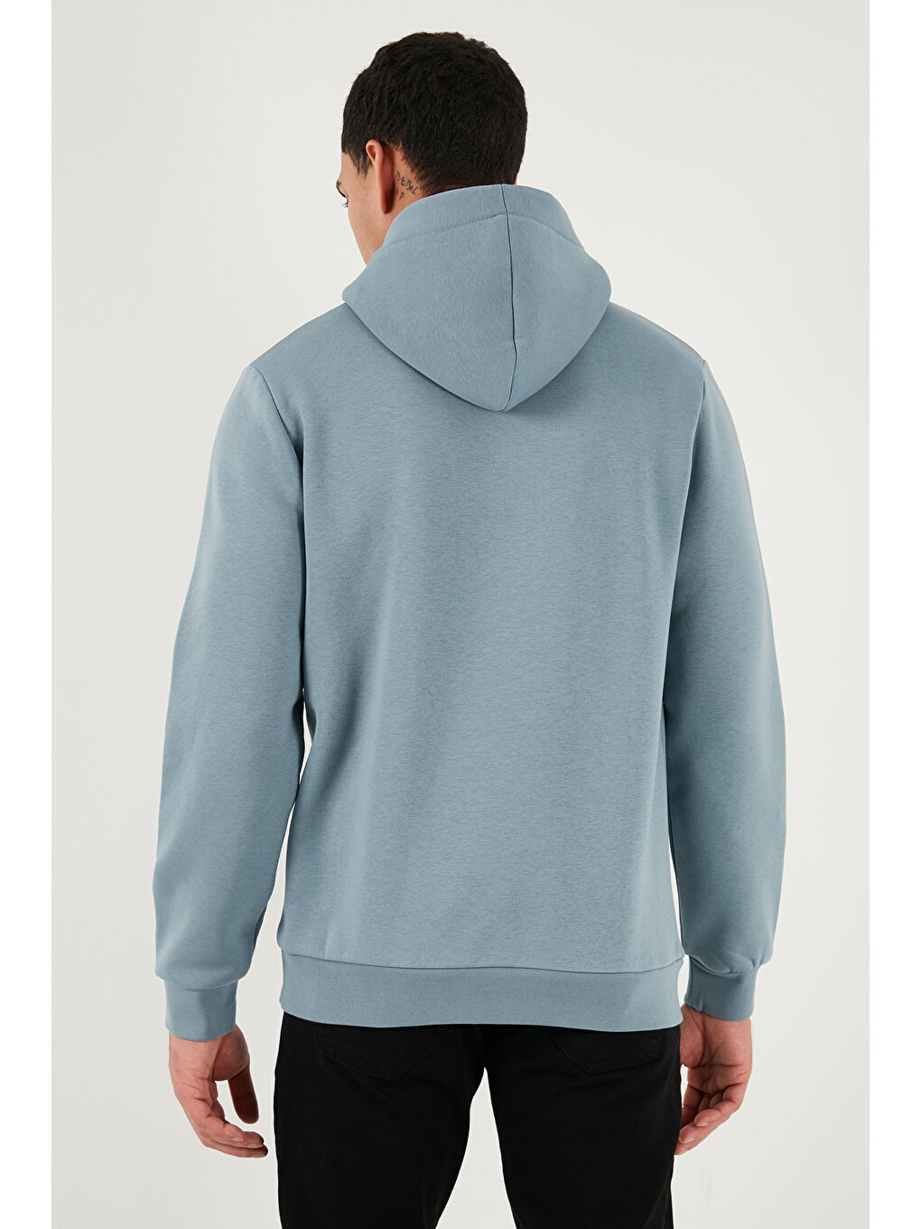 Mavi Slim Fit Kapüşonlu Kanguru Cepli İçi Tüylü Yumuşak Şardonlu Erkek Hoodie 5905281-6