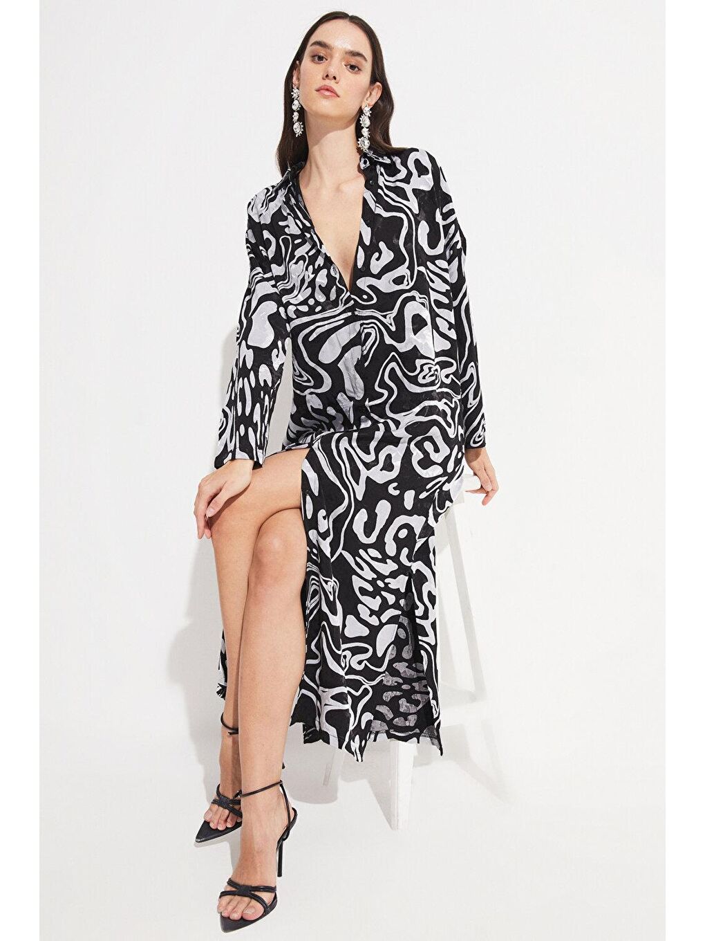 Siyah Exclusive Rayon Karışımlı Desenli Gömlek Elbise