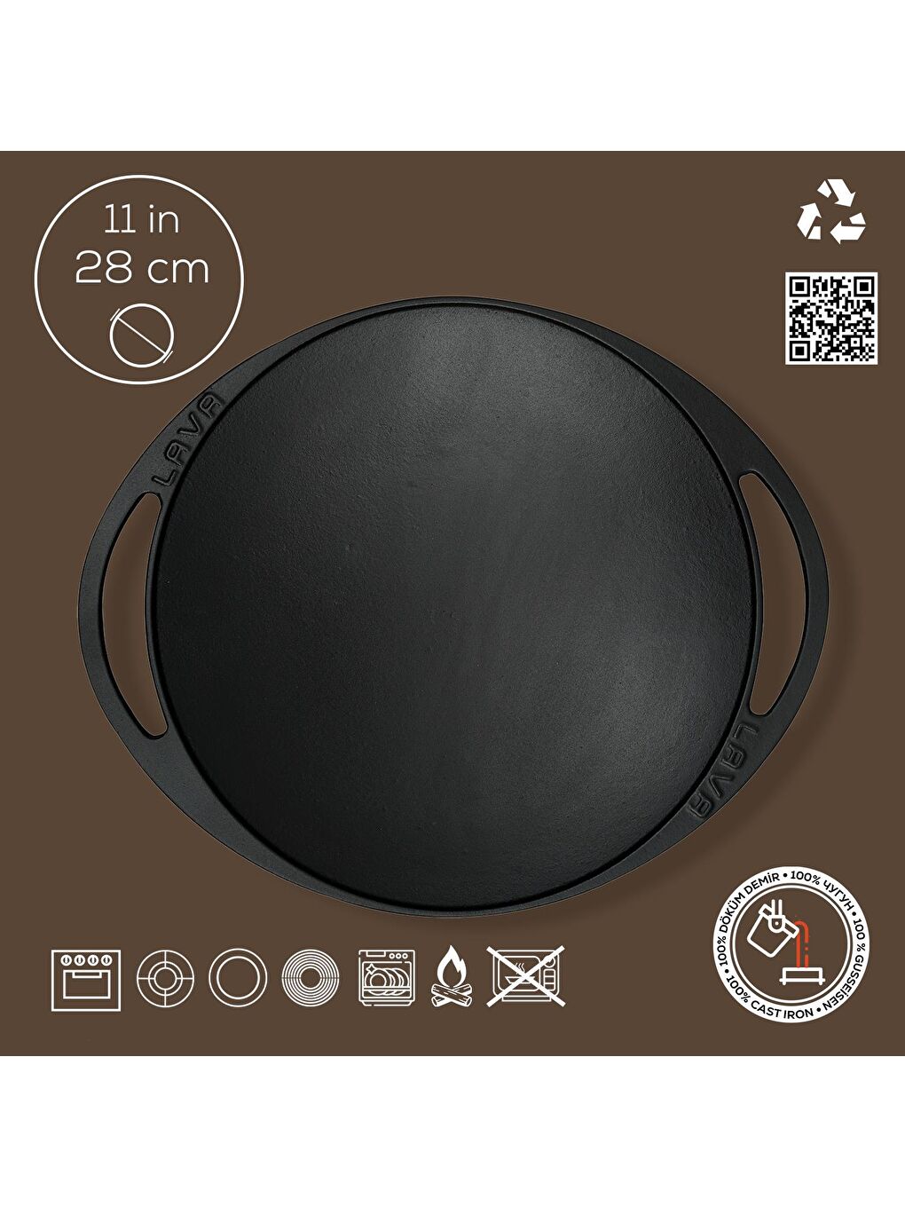 Siyah Yuvarlak Saç Kavurma Tavası Döküm Demir Yekpare Çift Kulplu Çap(Ø)28cm.-3