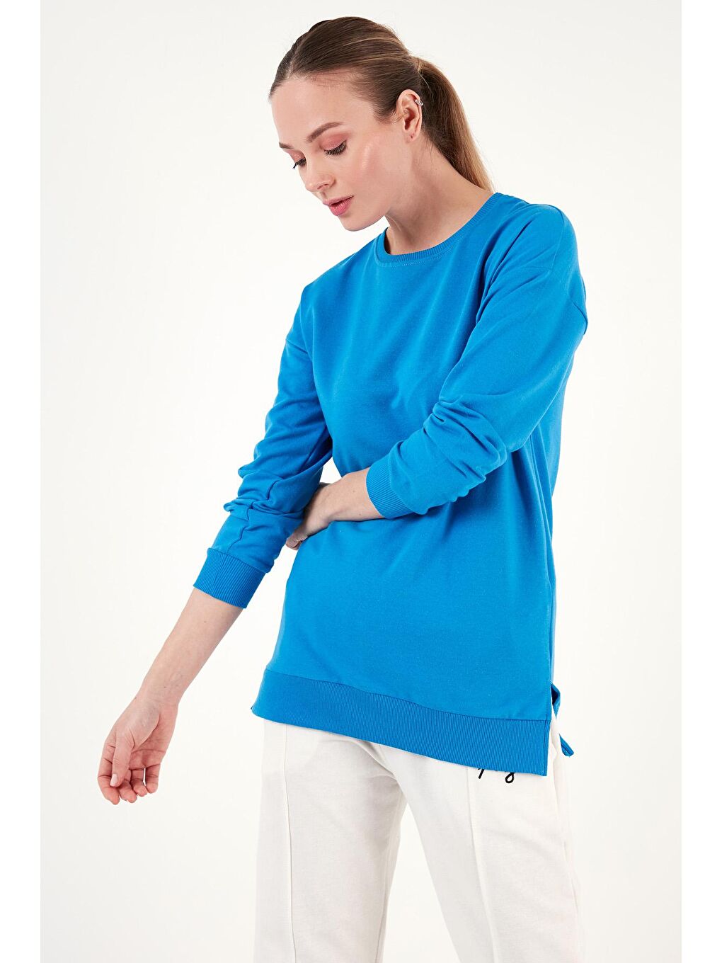 Lela Turkuaz Pamuklu Regular Fit Bisiklet Yaka Basic Sweatshirt 5863569