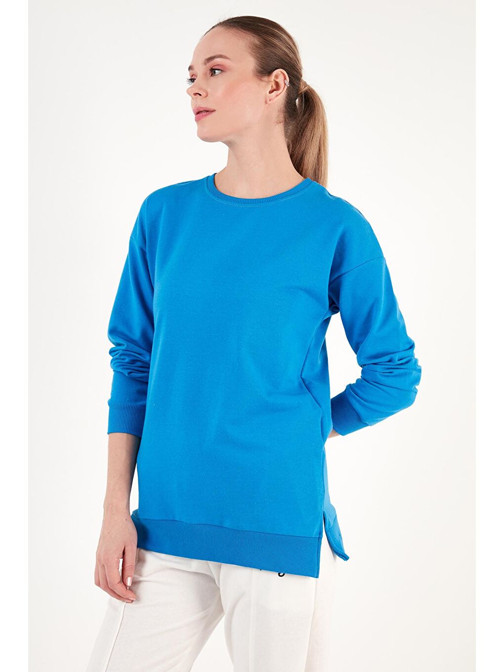 Lela Turkuaz Pamuklu Regular Fit Bisiklet Yaka Basic Sweatshirt 5863569 - 2