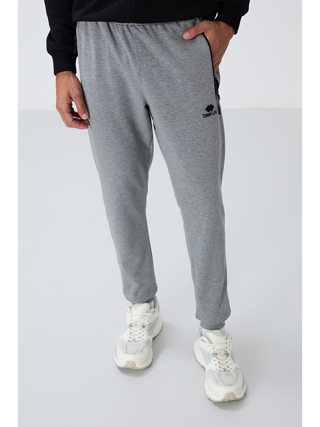Gri Melanj Fermuar Cepli Standart Kalıp Erkek Jogger Eşofman Altı- 84651-1
