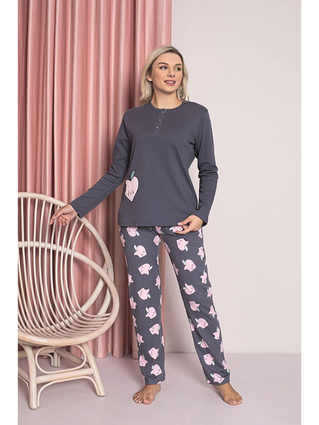 İndigo Kadın Pijama Takımı Genç İnterlok Elma Desenli Pamuklu Mevsimlik