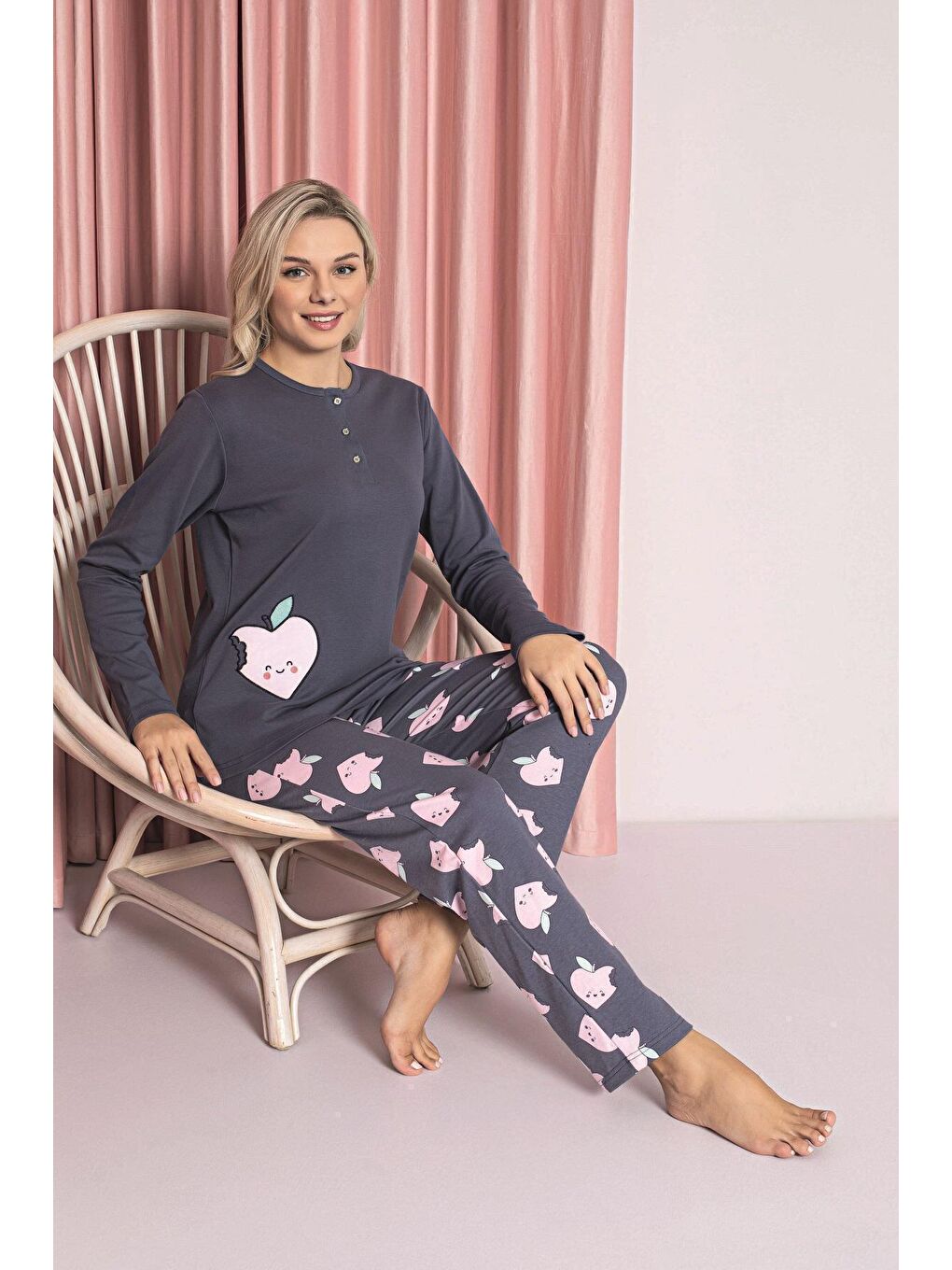 İndigo Kadın Pijama Takımı Genç İnterlok Elma Desenli Pamuklu Mevsimlik-1