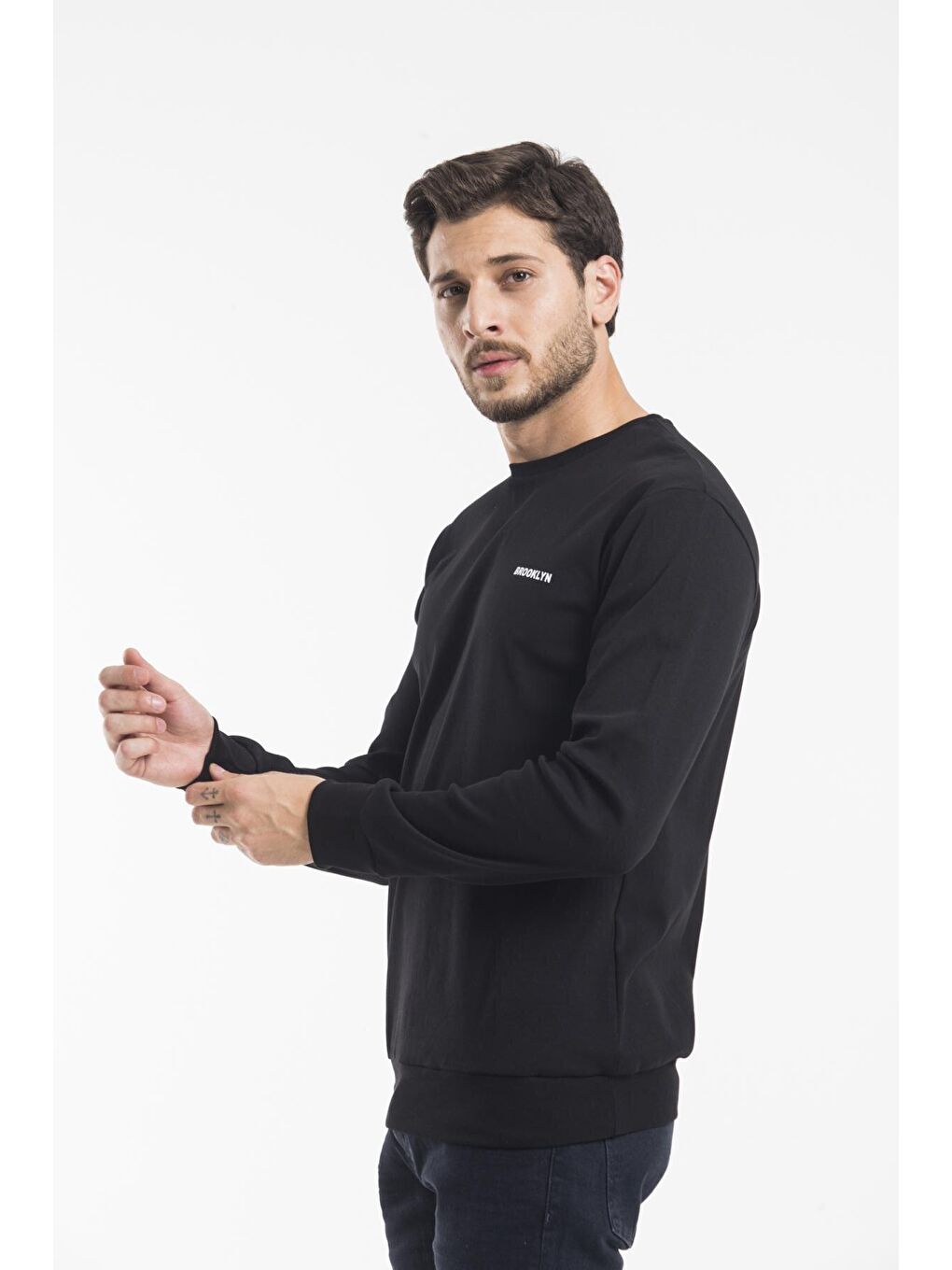 Siyah Erkek Bisiklet Yaka Slim Fit Brooklyn Baskılı Sweatshirt SPR22SW18-1
