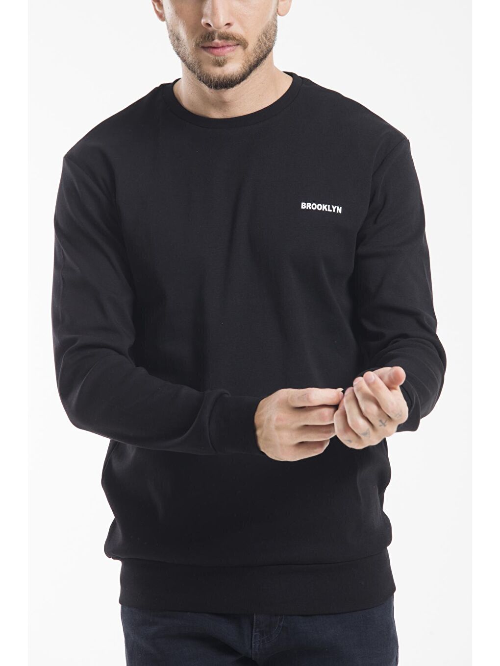 Siyah Erkek Bisiklet Yaka Slim Fit Brooklyn Baskılı Sweatshirt SPR22SW18-2