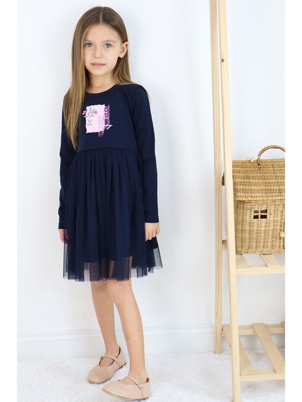 Kız Çocuk Uzun Kollu Elbise Mutluluk Temalı Çiçek Baskılı Lacivert (4-9 Yaş)-1