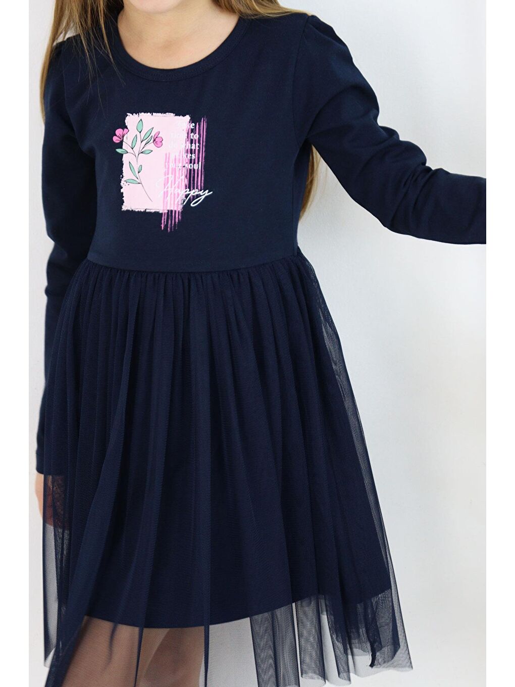 Kız Çocuk Uzun Kollu Elbise Mutluluk Temalı Çiçek Baskılı Lacivert (4-9 Yaş)-3