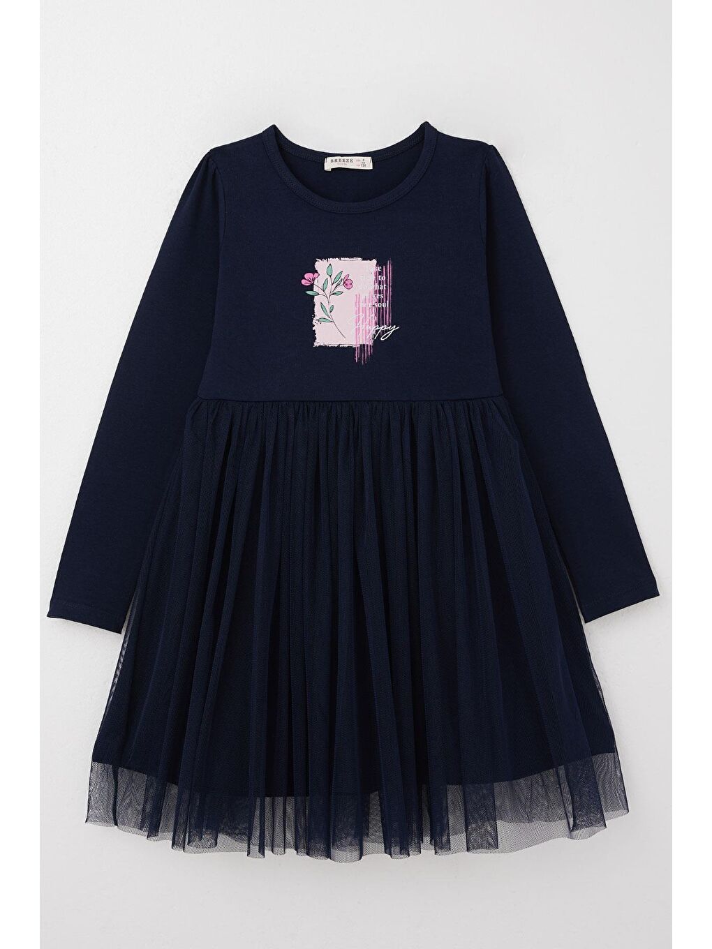 Kız Çocuk Uzun Kollu Elbise Mutluluk Temalı Çiçek Baskılı Lacivert (4-9 Yaş)-4