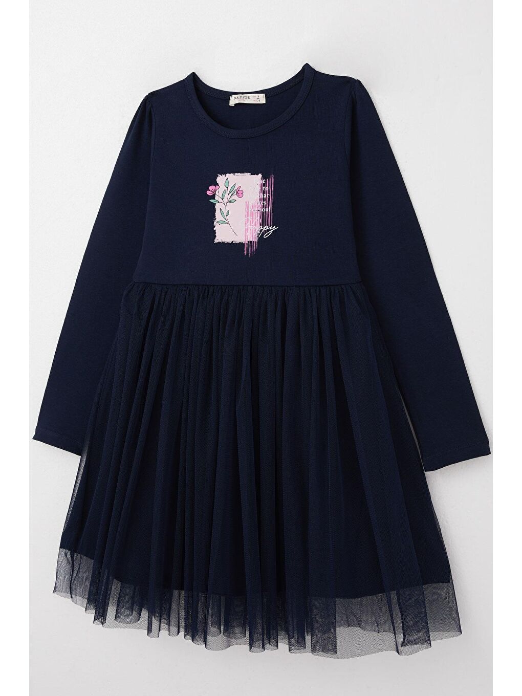 Kız Çocuk Uzun Kollu Elbise Mutluluk Temalı Çiçek Baskılı Lacivert (4-9 Yaş)-6