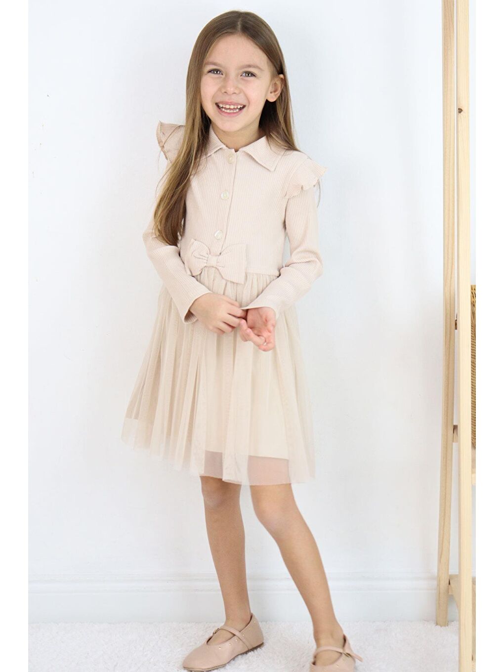 Kız Çocuk Uzun Kollu Elbise Düğmeli Fiyonklu Bej (3-5 Yaş)-1