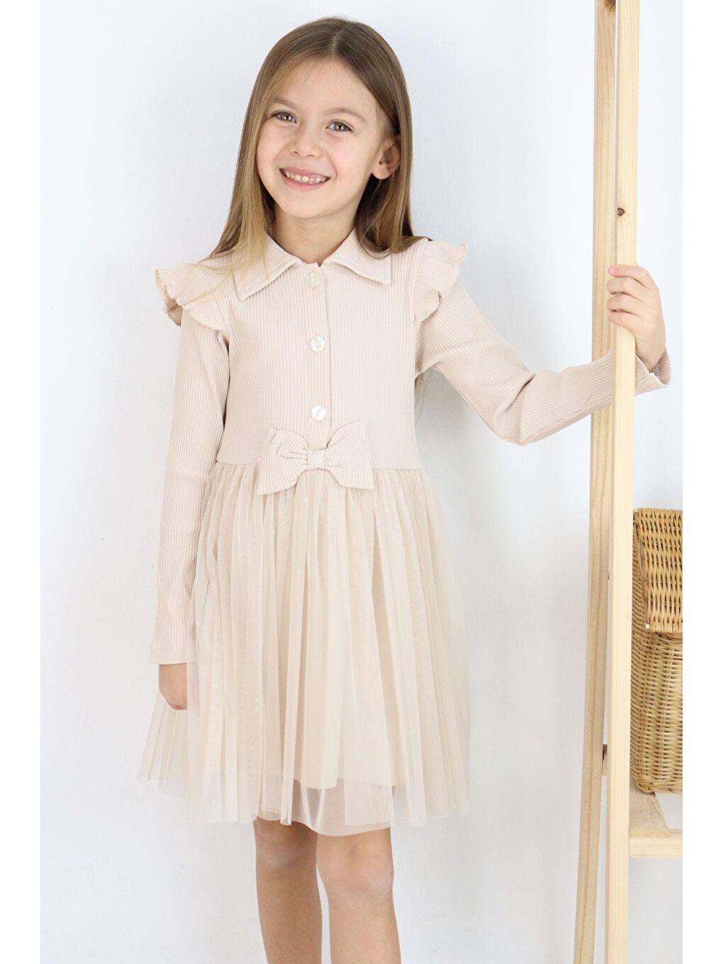 Kız Çocuk Uzun Kollu Elbise Düğmeli Fiyonklu Bej (3-5 Yaş)-3