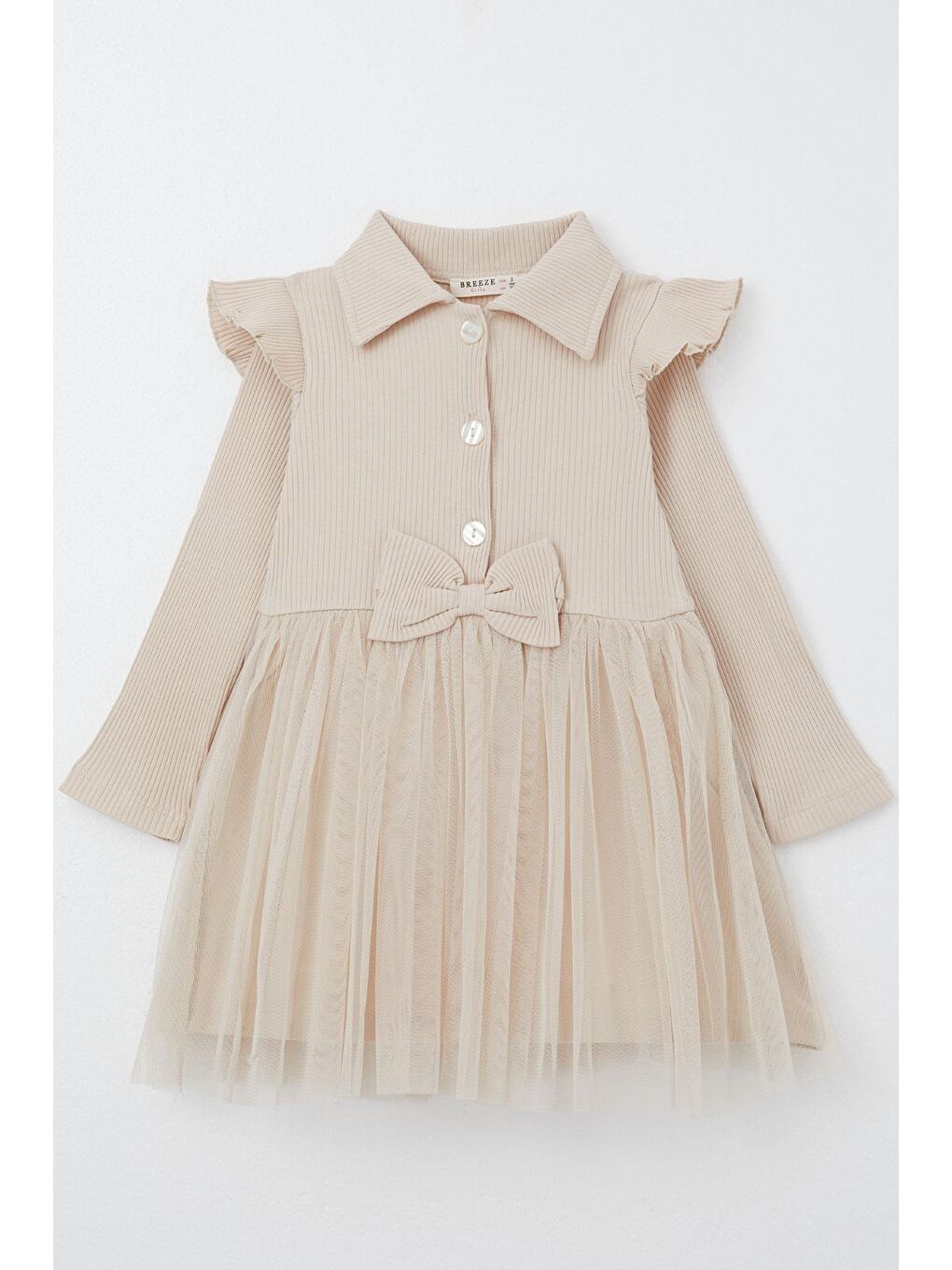 Kız Çocuk Uzun Kollu Elbise Düğmeli Fiyonklu Bej (3-5 Yaş)-4