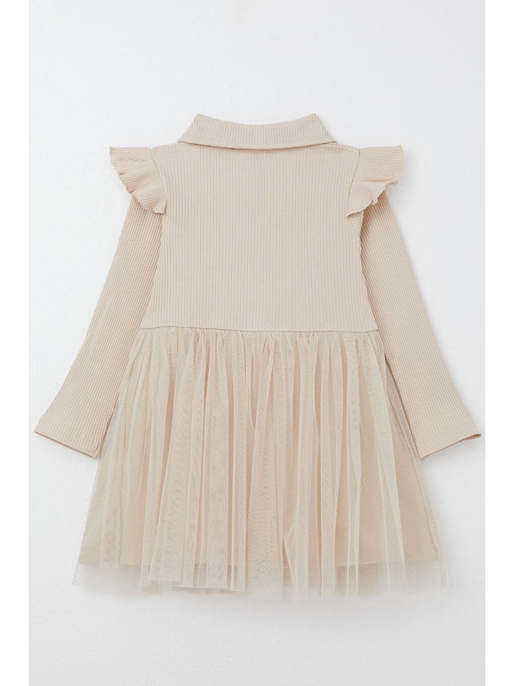 Kız Çocuk Uzun Kollu Elbise Düğmeli Fiyonklu Bej (3-5 Yaş)-5