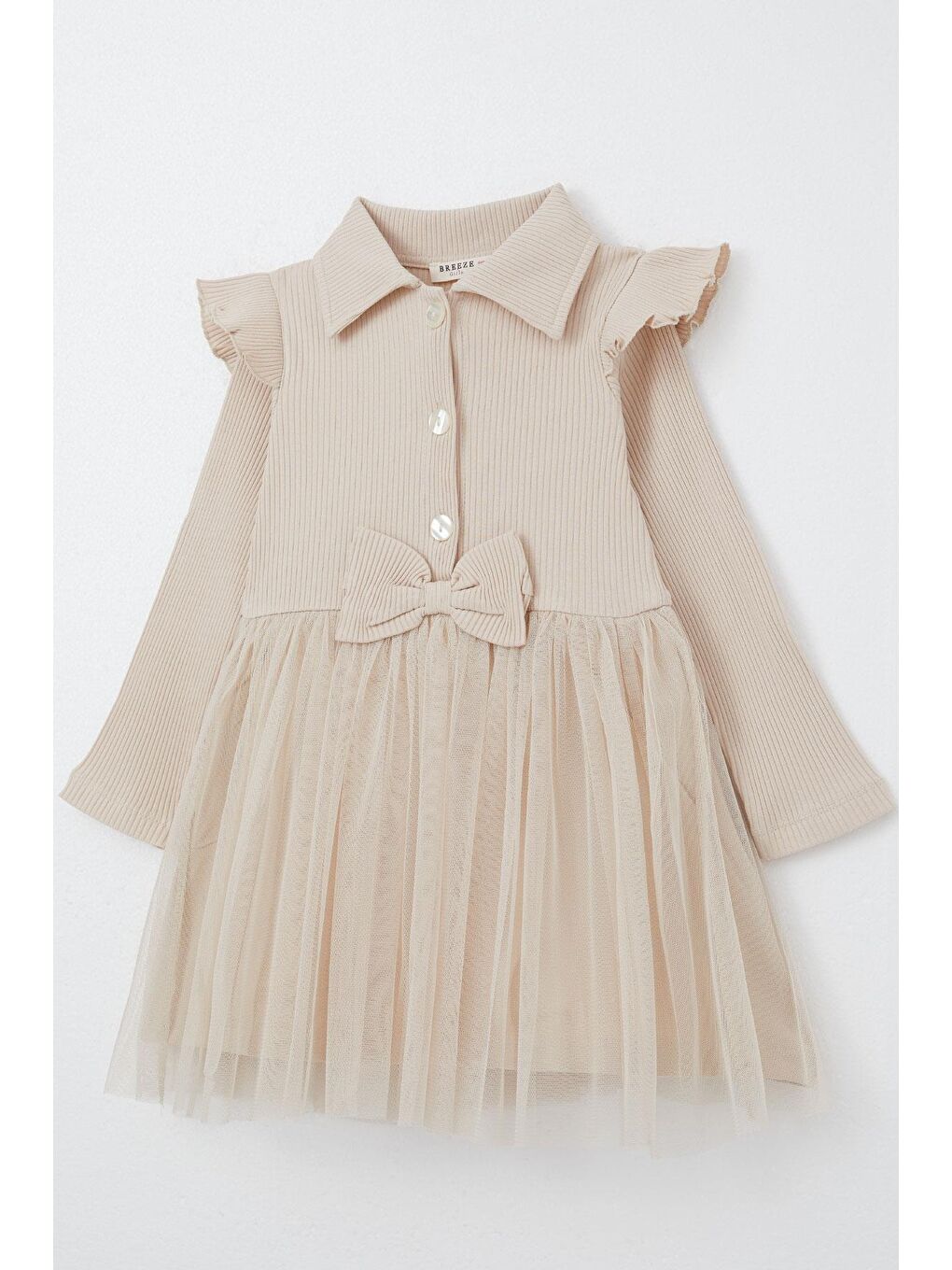 Kız Çocuk Uzun Kollu Elbise Düğmeli Fiyonklu Bej (3-5 Yaş)-6