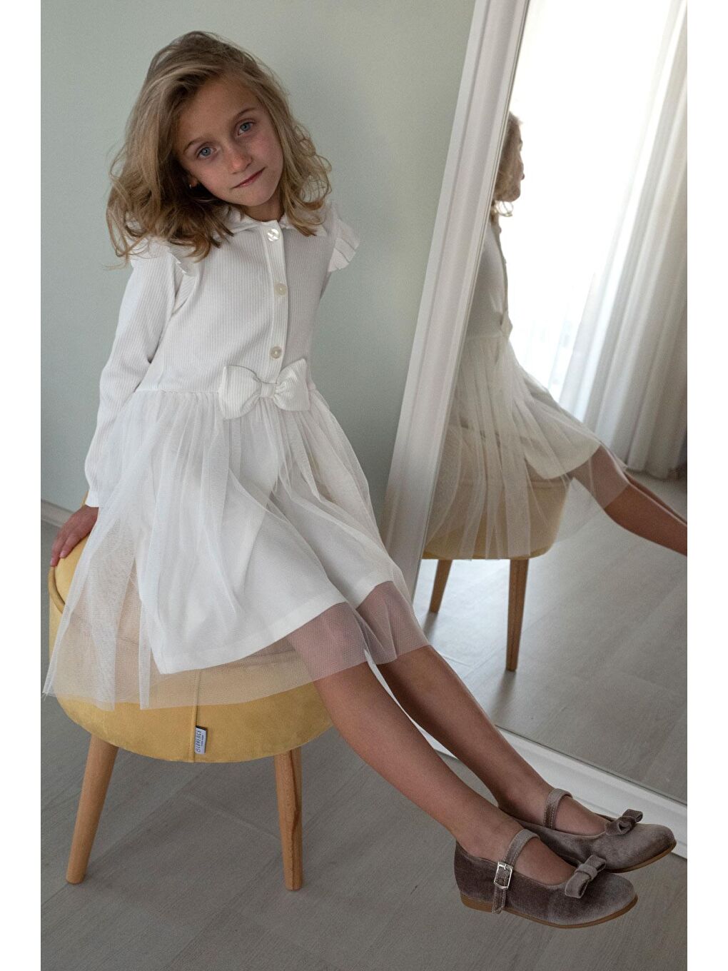 Kız Çocuk Uzun Kollu Elbise Düğmeli Fiyonklu Ekru (3-5 Yaş)-1