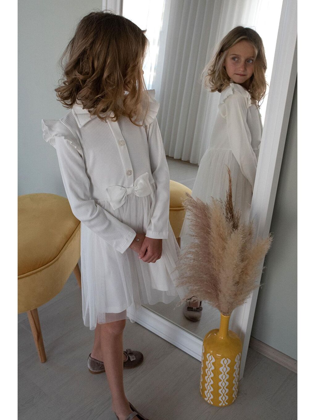 Kız Çocuk Uzun Kollu Elbise Düğmeli Fiyonklu Ekru (3-5 Yaş)-2