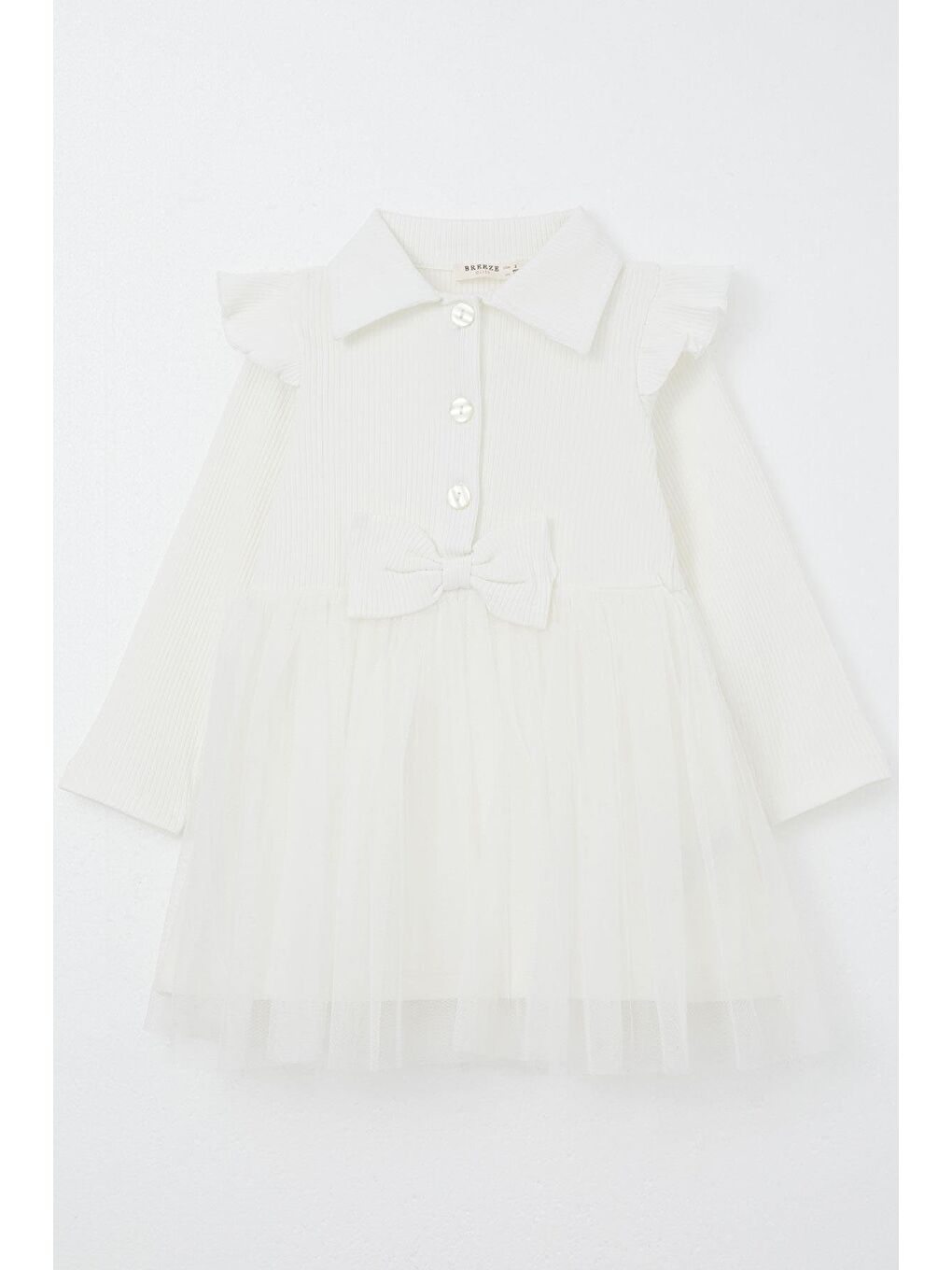 Kız Çocuk Uzun Kollu Elbise Düğmeli Fiyonklu Ekru (3-5 Yaş)-3