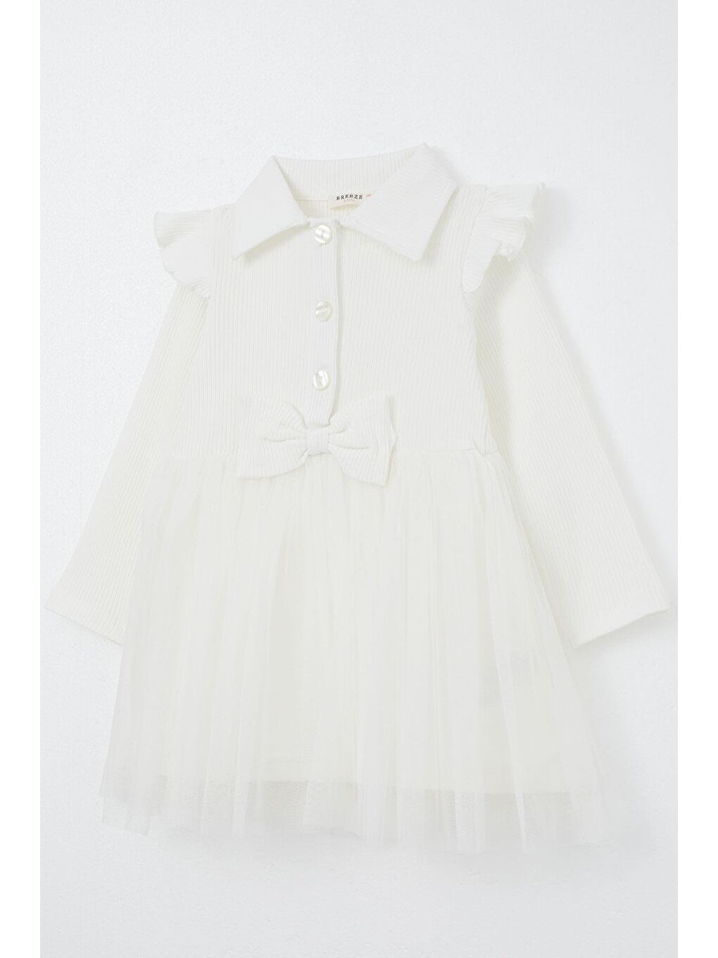 Kız Çocuk Uzun Kollu Elbise Düğmeli Fiyonklu Ekru (3-5 Yaş)-5