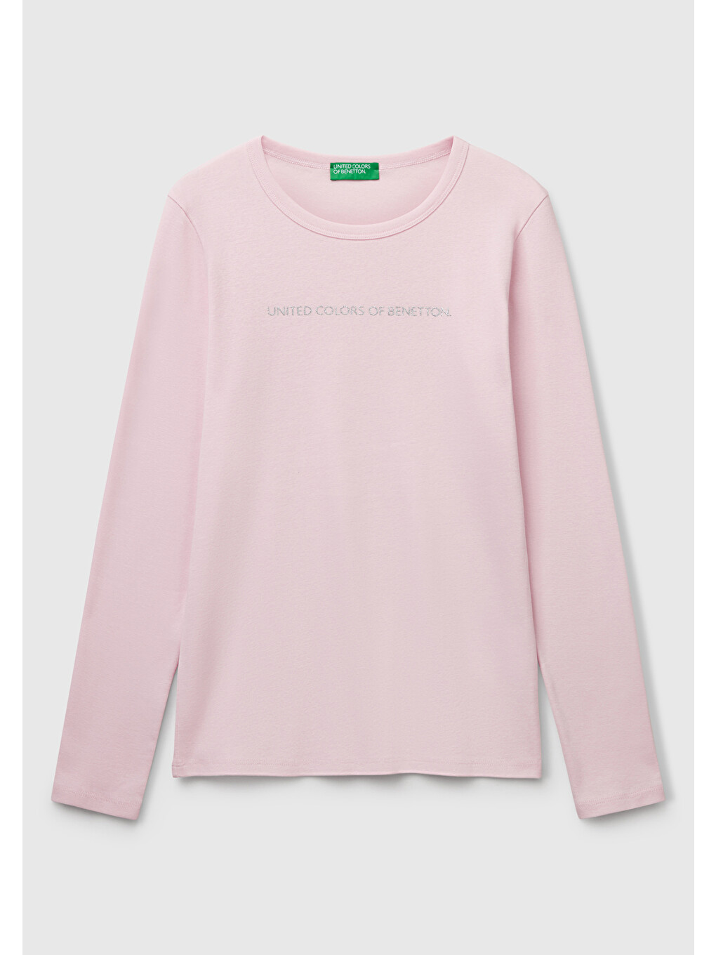Kadın Açık Pembe %100 Pamuk Bisiklet Yaka Benetton Yazılı Uzun Kollu T-shirt-1