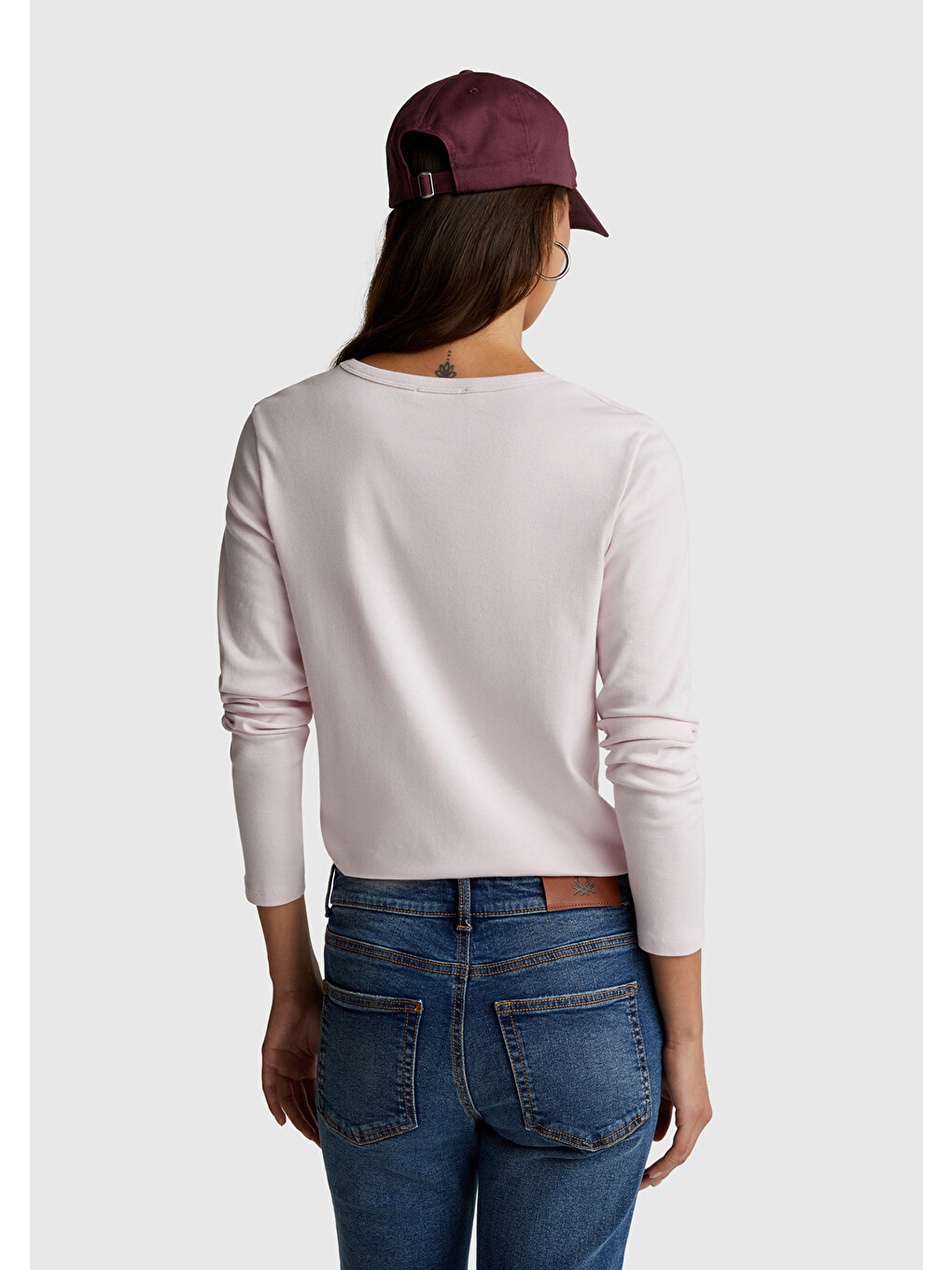 Kadın Açık Pembe %100 Pamuk Bisiklet Yaka Benetton Yazılı Uzun Kollu T-shirt-2