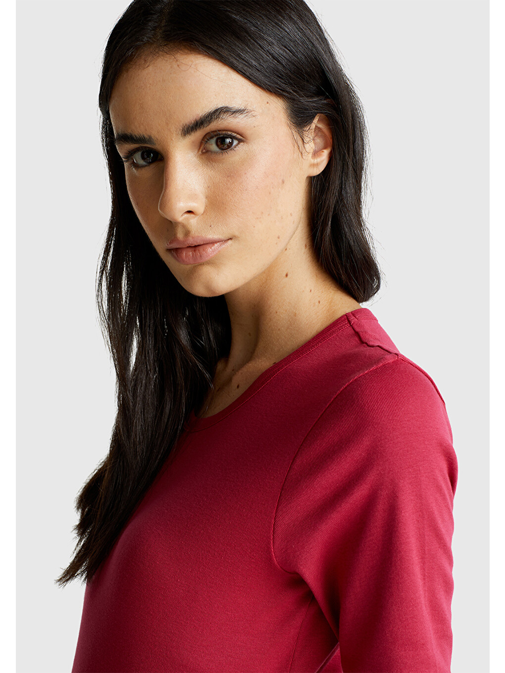 Kadın Fuşya Basic Bisiklet Yaka Uzun Kollu T-shirt-4