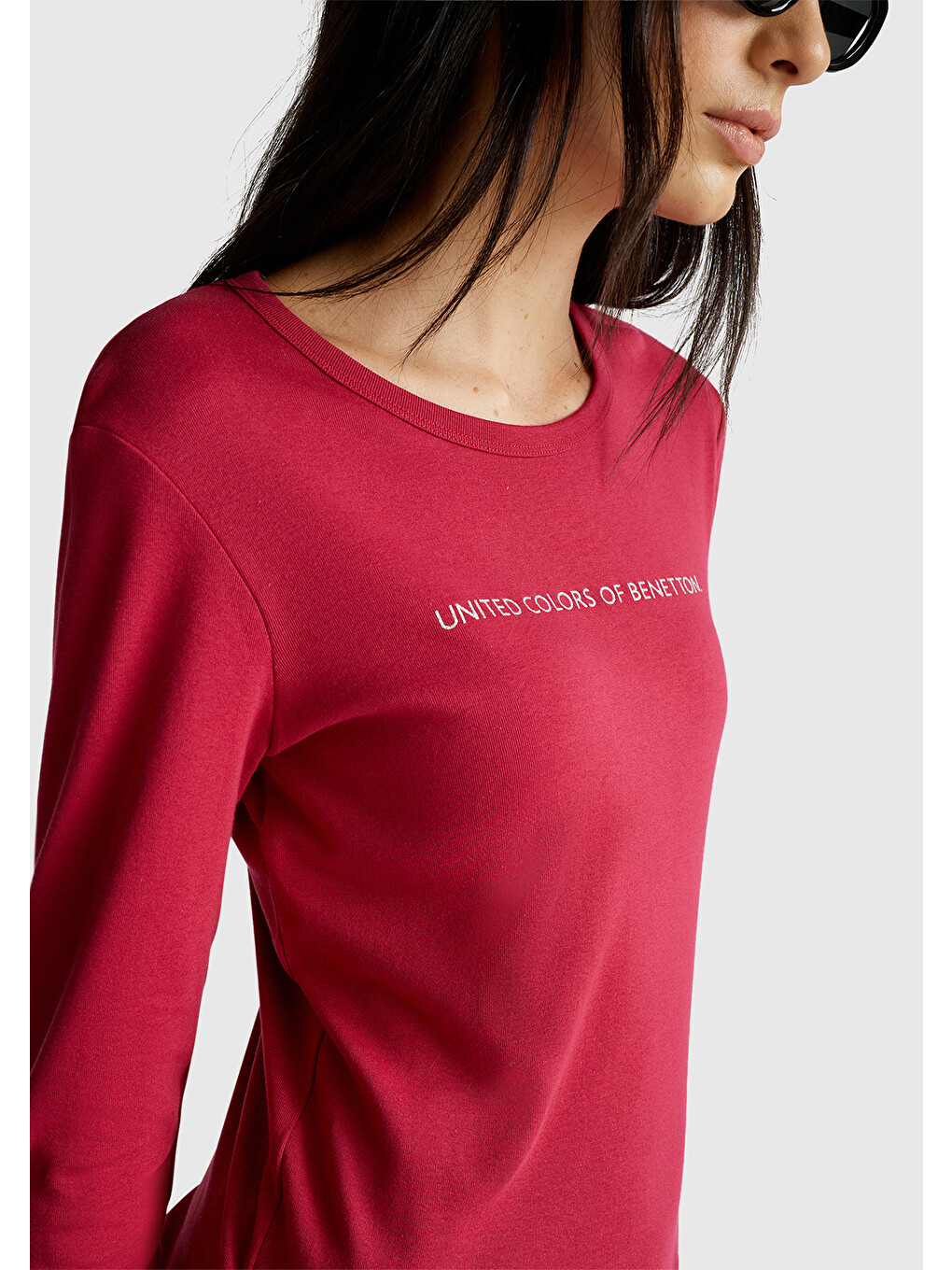 Kadın Fuşya %100 Pamuk Bisiklet Yaka Benetton Yazılı Uzun Kollu T-shirt-4