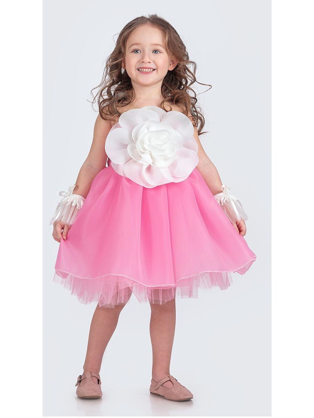 Pembe Karolin Robası Çiçekli Bilekli Aksesuarlı Kız Çocuk Abiye Elbise M00724