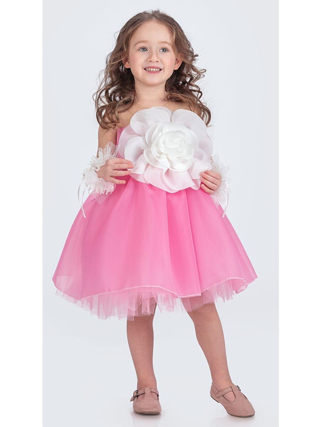 Pembe Karolin Robası Çiçekli Bilekli Aksesuarlı Kız Çocuk Abiye Elbise M00724-5