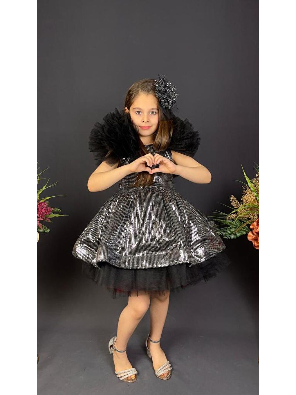 Gri Tavus Kol Payetli Kumaş Kız Çocuk Elbise MNK0537-2